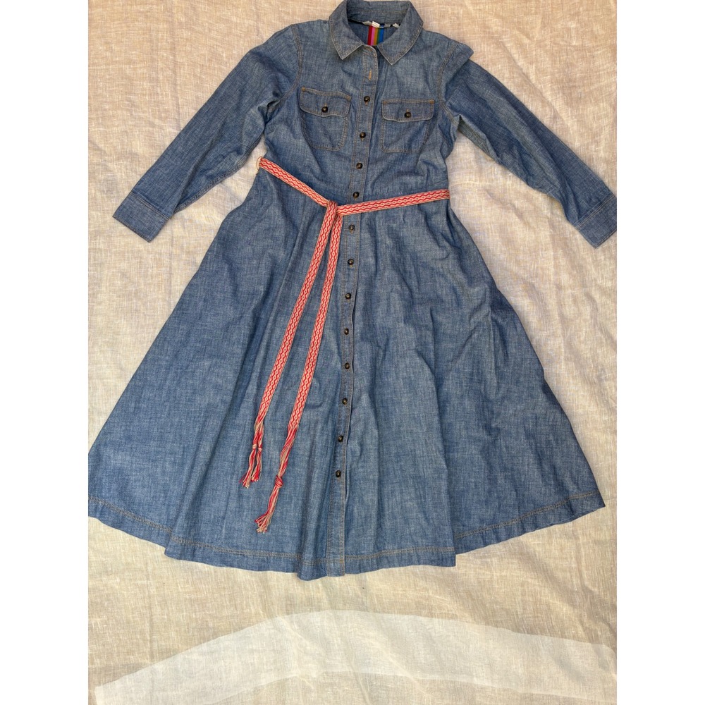 Boden Blue Cotton Denim Shirt Dress Womens 4P Midi Full Skirt Guatemalan Belt